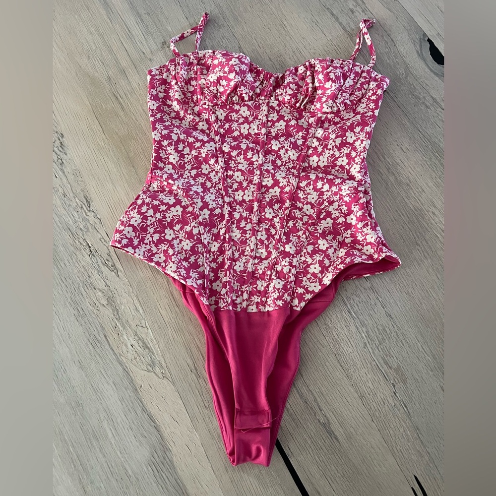 Zara Corset Bodysuit Pink White Floral Tank Top Bustier Size Xsmall Womens